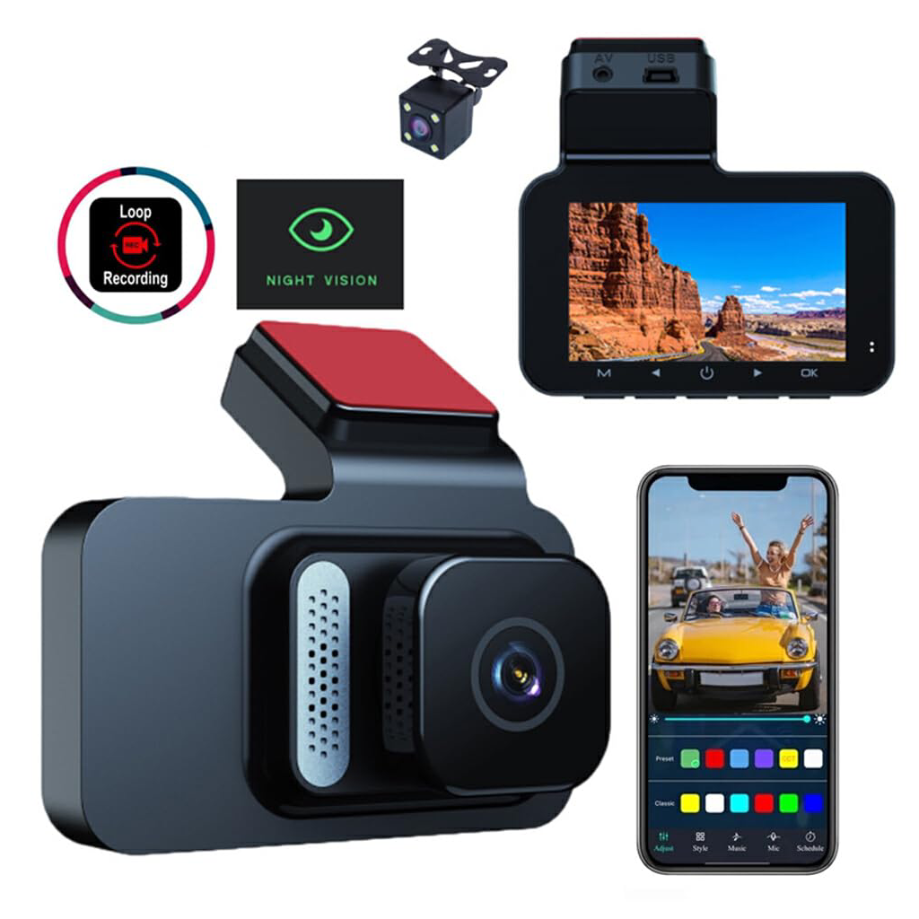 WiFi 1080P car camera - Dual lens with 3" IPS display, night vision and 24h parking mode