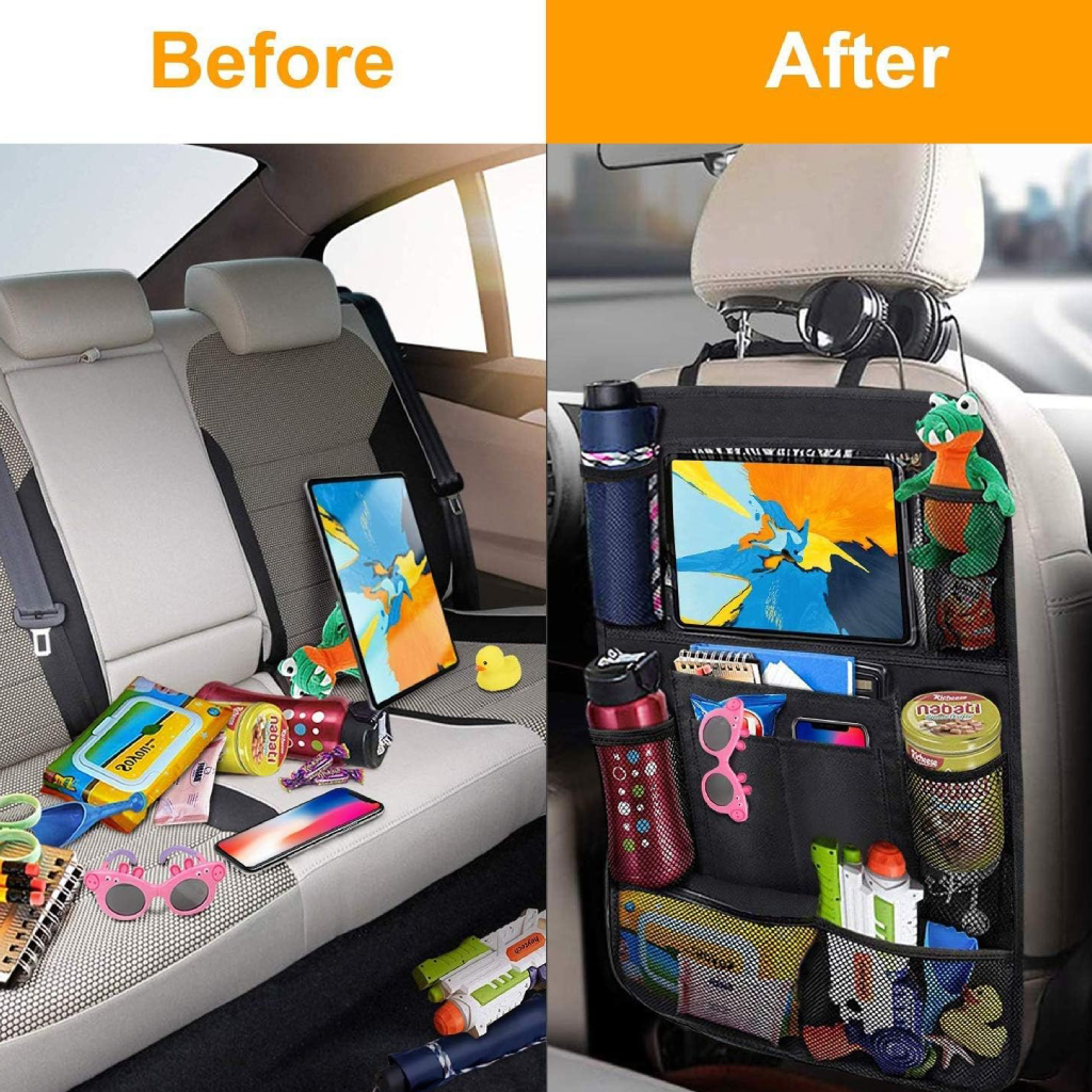 Car rear seat organizer - Tablet holder, multiple pockets, protective cover