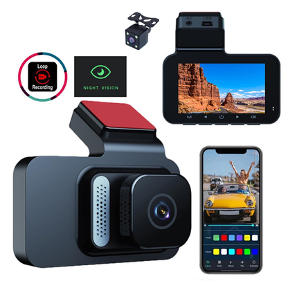 WiFi 1080P car camera - Dual lens with 3" IPS display, night vision and 24h parking mode